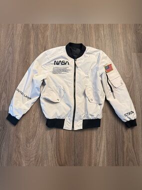 NASA bomber embroidered with patch jacket in beige & black. Size Small/Medium